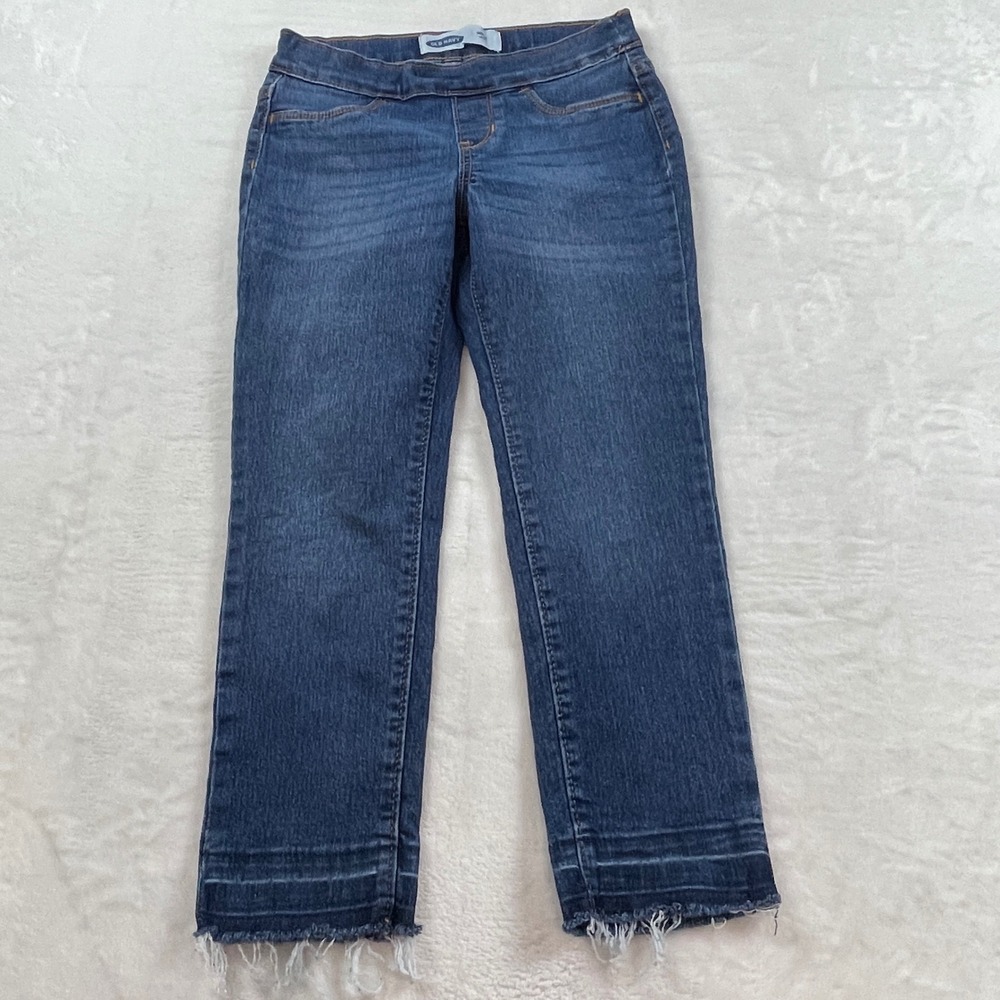 Old Navy Girls Skinny Crop Jeans Dark Wash Frayed‎ Hem Pull On Blue Size M 8
